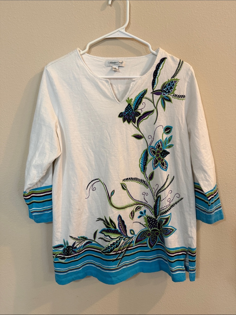 Coldwater Creek Cream Tunic with Blue and Green Floral Embroidery